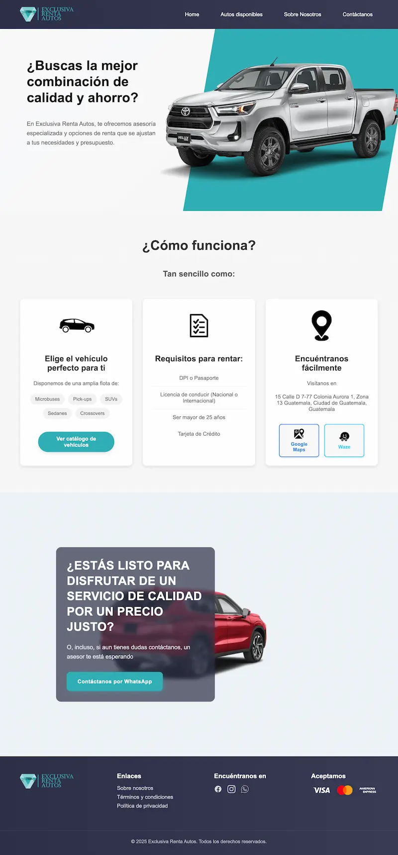 Vista previa del sitio web para rentadora de autos